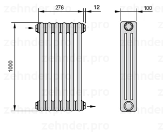 Схема (чертеж) Радиатор Zehnder Charleston 3100/6 №1670 Белый глянцевый RAL 9016